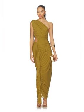 One-Shoulder Olive Green Ruched Maxi Dress